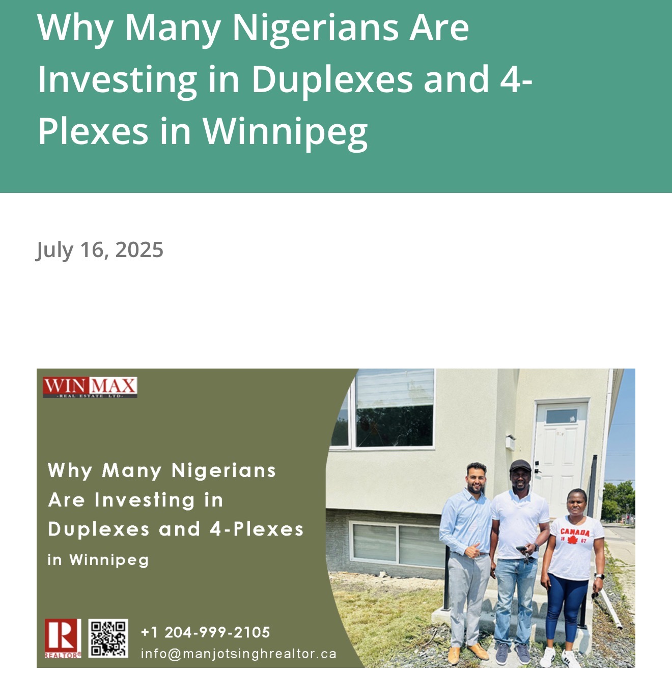 Why Many Nigerians Are Investing in Duplexes and 4-Plexes in Winnipeg